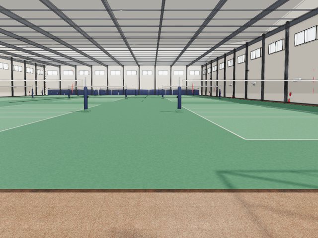 球館規劃的 3D 導覽：走進廠房，看到排好的綠色球場、球網與鋼構屋頂